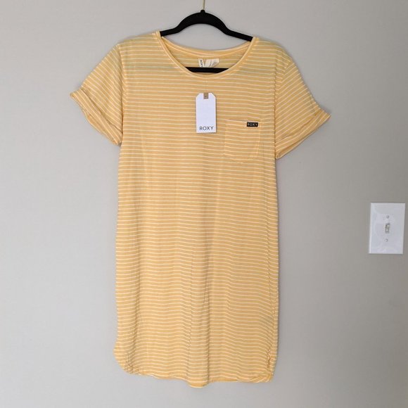 Roxy Dresses & Skirts - Roxy Walking Alone Yellow White Striped Short Sleeve T-Shirt Dress